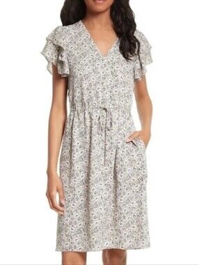 Rebecca Taylor Gray Floral Midi Dress with V-Neck